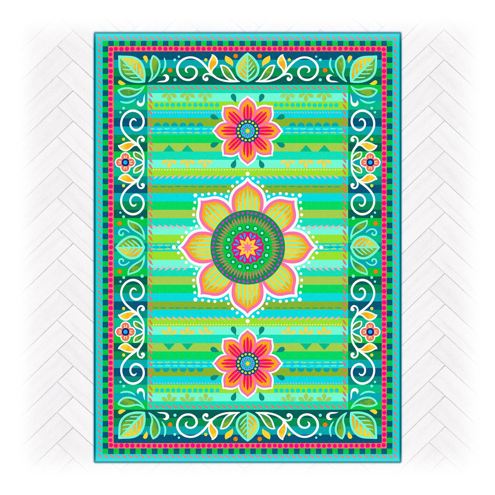 Superweicher Teppich im Design von Bine Brändle mit dem Motiv Jasmin in Grün, lebendig und dekorativ gestaltet.