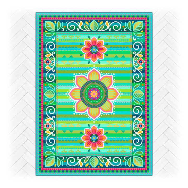 Superweicher Teppich im Design von Bine Brändle mit dem Motiv Jasmin in Grün, lebendig und dekorativ gestaltet.
