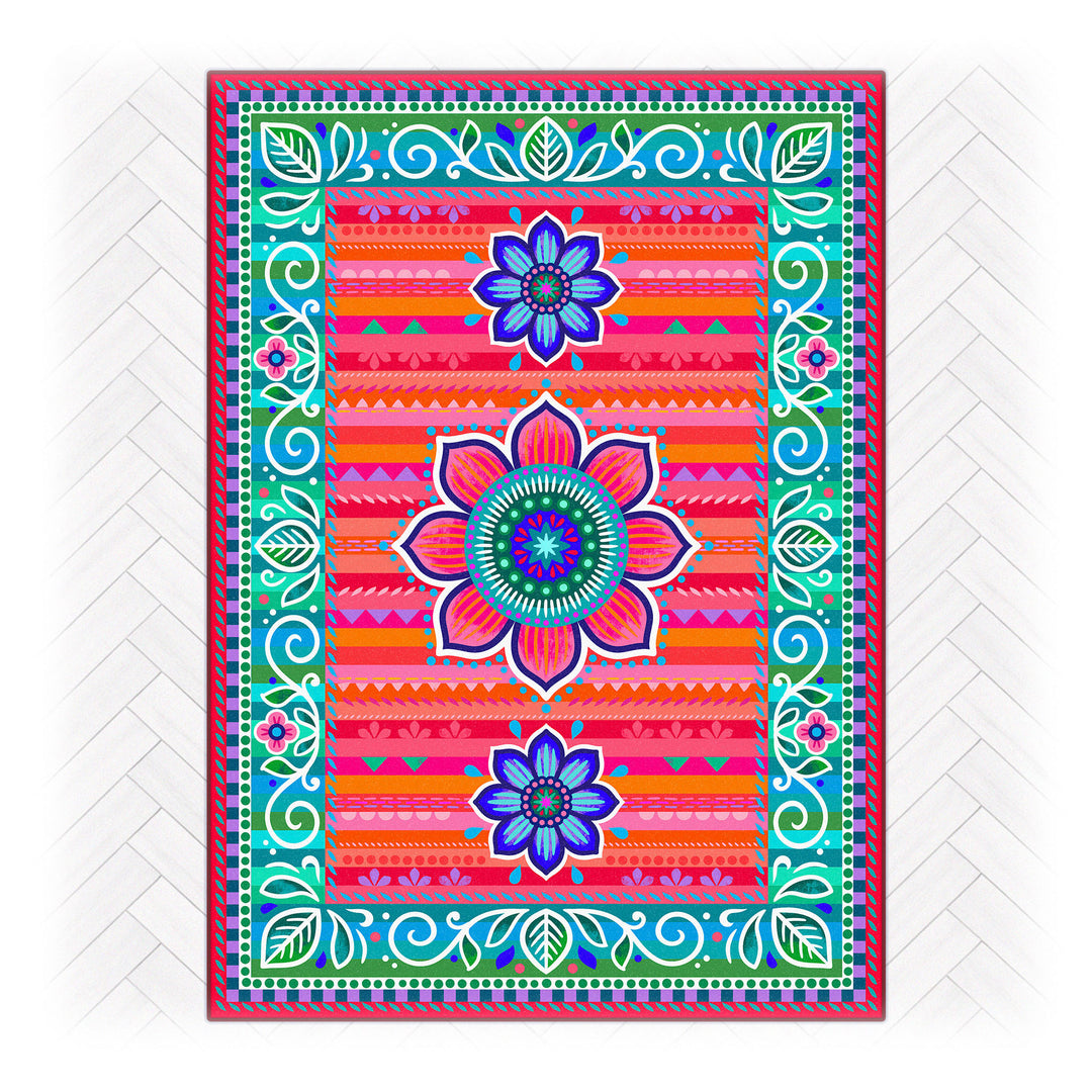 Superweicher Teppich im Design von Bine Brändle mit dem Motiv Jasmin in Rot, lebendig und dekorativ gestaltet.
