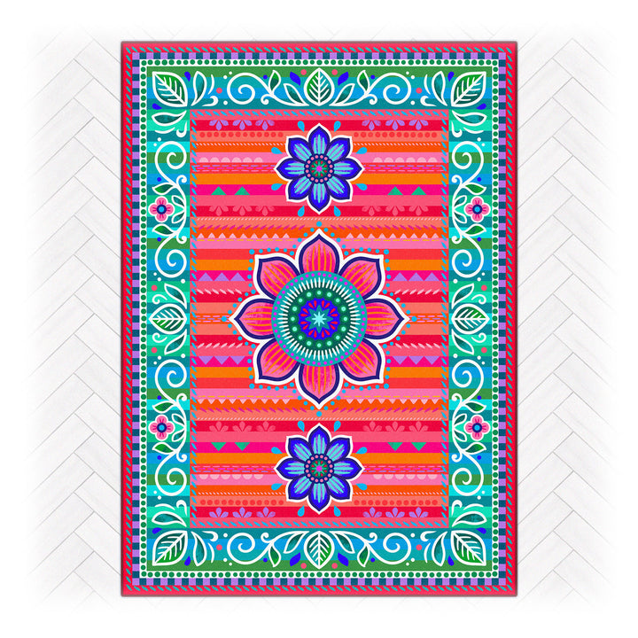 Superweicher Teppich im Design von Bine Brändle mit dem Motiv Jasmin in Rot, lebendig und dekorativ gestaltet.
