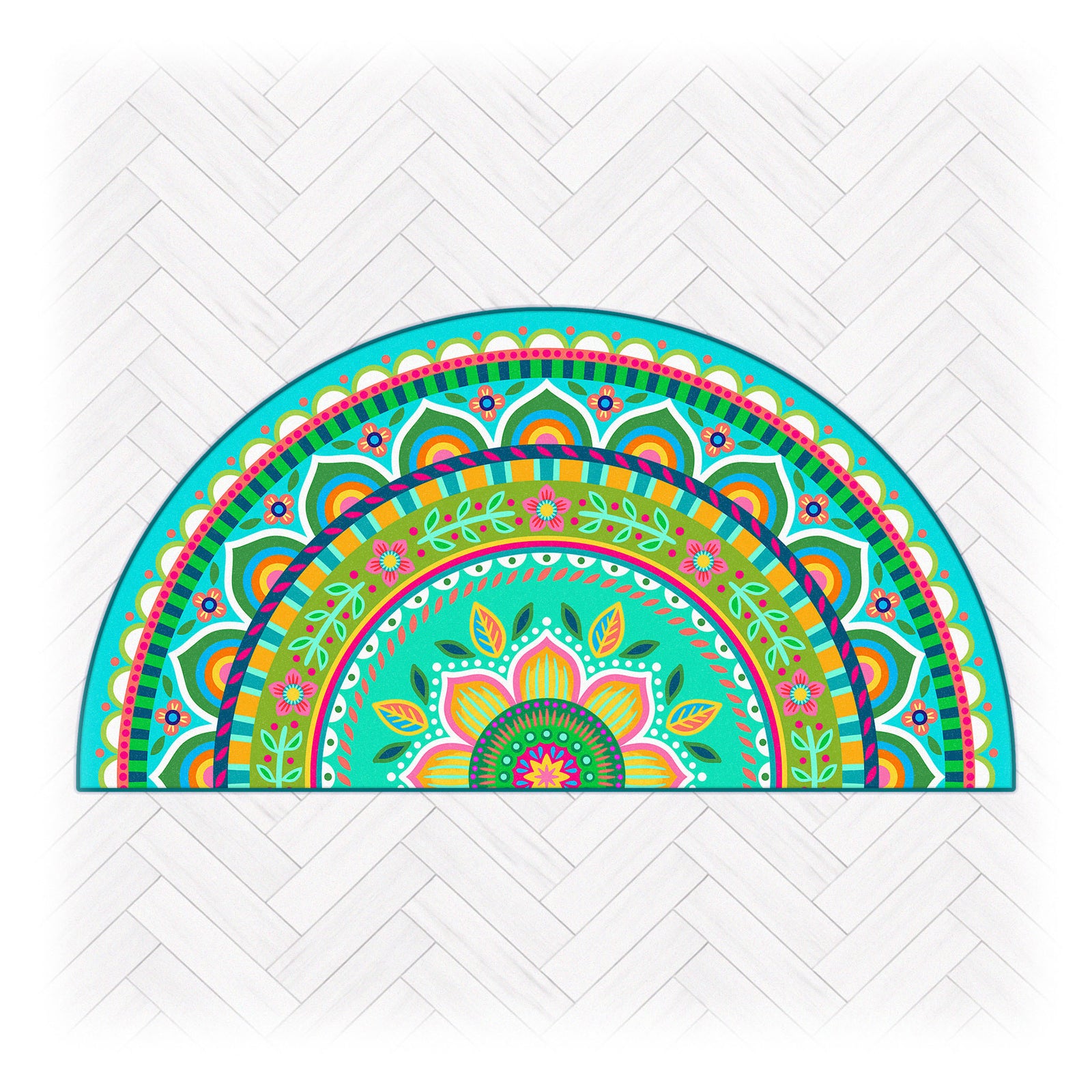 Superweiche Kuschelmatte im Design von Bine Brändle in halbrunder Form mit farbenfrohem Mandala-Bogen in Grün, Türkis, Gelb und Pink, dekorativ und lebendig gestaltet.